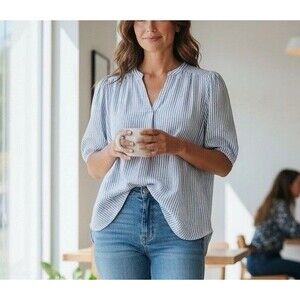 Treasure & Bond Blue White Striped Blouse Medium Split Neck Short Sleeve Top